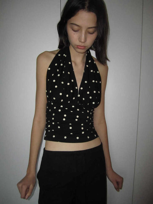 Polka Dot Halter Neck Sleeveless Crop Top