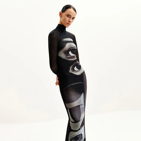 Elegant Mesh Double-layer Printed Crew-neck Long-sleeve Dress