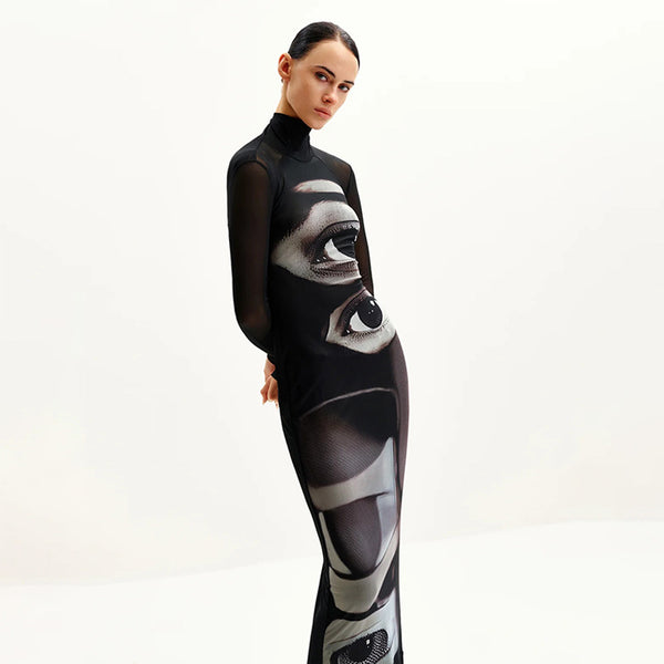 Elegant Mesh Double-layer Printed Crew-neck Long-sleeve Dress