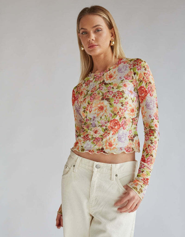 Floral Mesh Round Neck Long Sleeve Mesh Fashion Slim Top