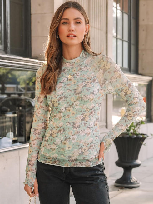 High Collar Long Sleeve Lace Floral Mesh