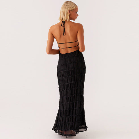 Backless Pleated Lace-up Long Dress