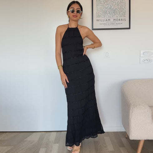 Backless Pleated Lace-up Long Dress