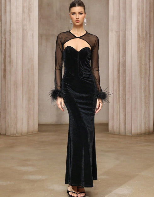 Semi-transparent Mesh Top Velvet Tube Top Dress Two-piece Set