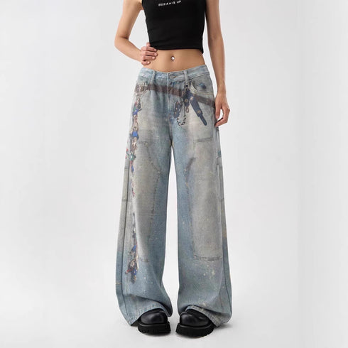 Women's American-style Retro 3D Printed Washed Wide-leg Pants