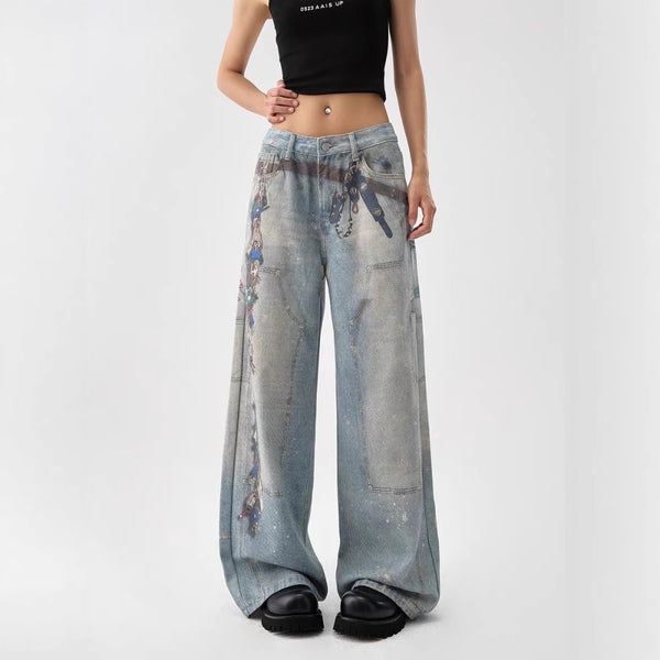 Women's American-style Retro 3D Printed Washed Wide-leg Pants