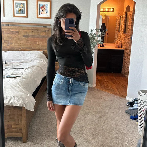 Fashionable and sexy slim lace patchwork long-sleeved T-shirt