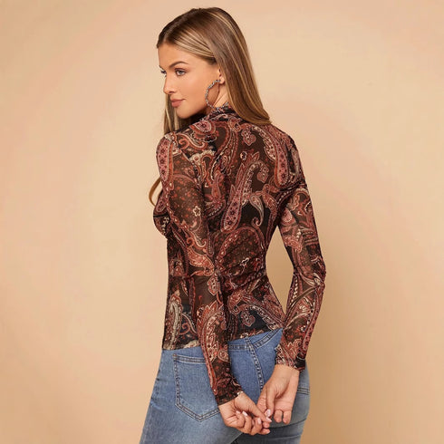 Paisley Print Stand Collar Mesh Long Sleeve Blouse