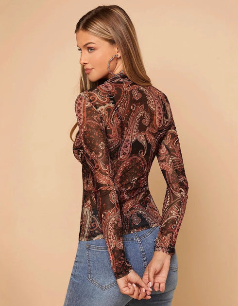 Paisley Print Stand Collar Mesh Long Sleeve Blouse