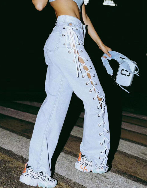 Lace Up Straight Jeans