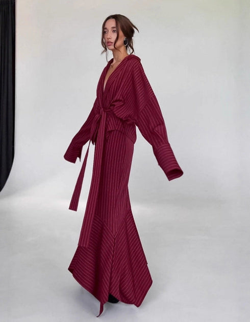 Striped Wrap Shirt & Maxi Skirt Set