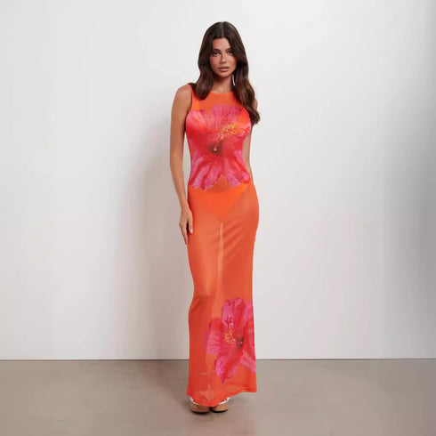 Women’s Floral Print Sleeveless Slim-Fit Long Dress
