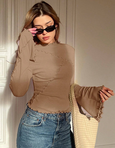 Asymmetric Turtleneck Top with Flared Long Sleeve