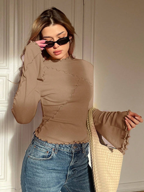 Asymmetric Turtleneck Top with Flared Long Sleeve