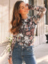 High Collar Long Sleeve Lace Floral Mesh