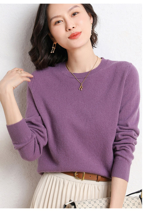 Ladies Solid Color Round Neck Long Sleeve Pullover Sweater