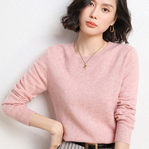 Ladies Solid Color Round Neck Long Sleeve Pullover Sweater