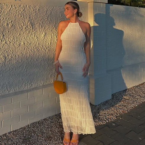 Backless Pleated Lace-up Long Dress