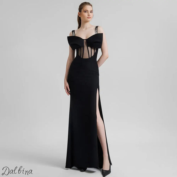 Black Studded Bow Long Dress