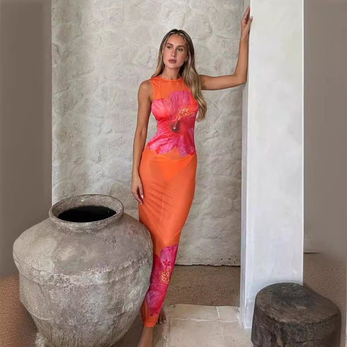 Women’s Floral Print Sleeveless Slim-Fit Long Dress