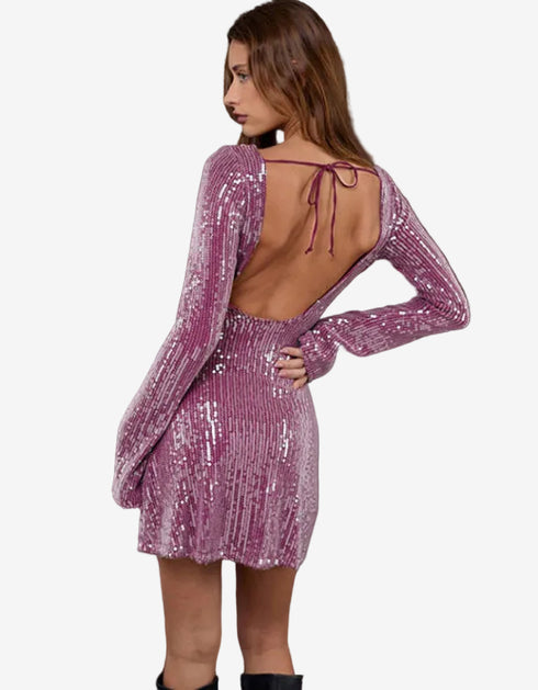 Sequin Backless Long Sleeve Mini Dress