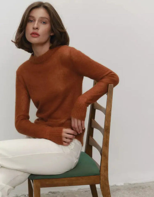 Candy Pastels Sheer Crew Neck Lightweight Knit Top Caramel / L