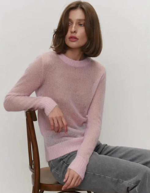 Candy Pastels Sheer Crew Neck Lightweight Knit Top Pink / L