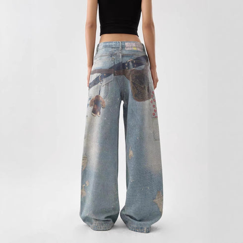 Women's American-style Retro 3D Printed Washed Wide-leg Pants