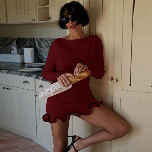 Color-blocking wavy ruffled dress