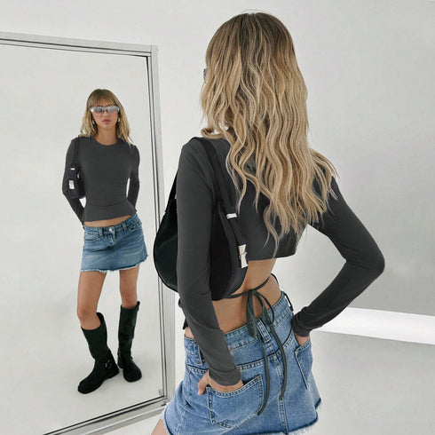 Sexy Style T-shirt Autumn And Winter Trendy Design Hollow Waist Cropped Top