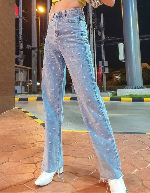 Rhinestone Wide-Leg Jeans