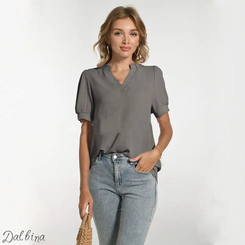 Comfortable Breathable V-neck Puff Sleeve Elegant Short Sleeve T-shirt Dark Gray / L T shirt