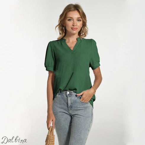 Comfortable Breathable V-neck Puff Sleeve Elegant Short Sleeve T-shirt Dark Green / L T shirt