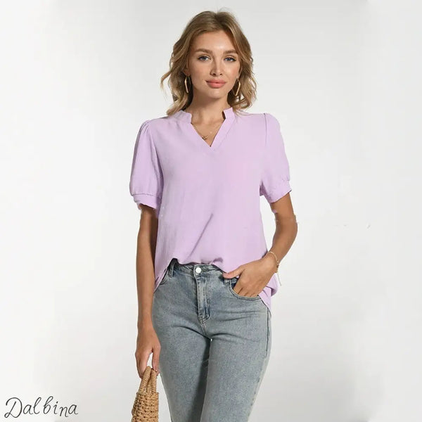 Comfortable Breathable V-neck Puff Sleeve Elegant Short Sleeve T-shirt Light Purple / L T shirt