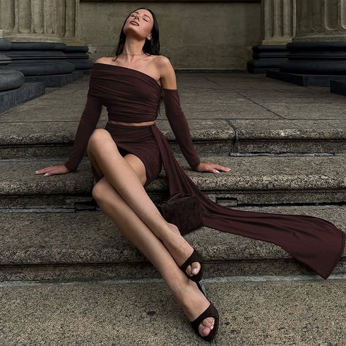 New Oblique Shoulder Long-sleeved Top Slim-fit Pleated Ribbon Hip-wrapped Skirt Outfit