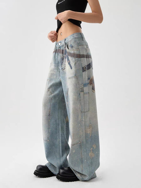Women's American-style Retro 3D Printed Washed Wide-leg Pants