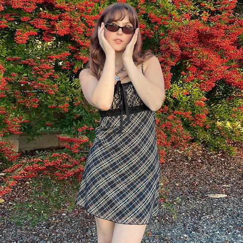 Halter-neck Plaid Slip Dress