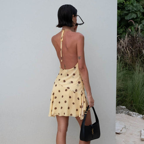 Polka Dot Chiffon Dress Sexy Halter Deep V Split