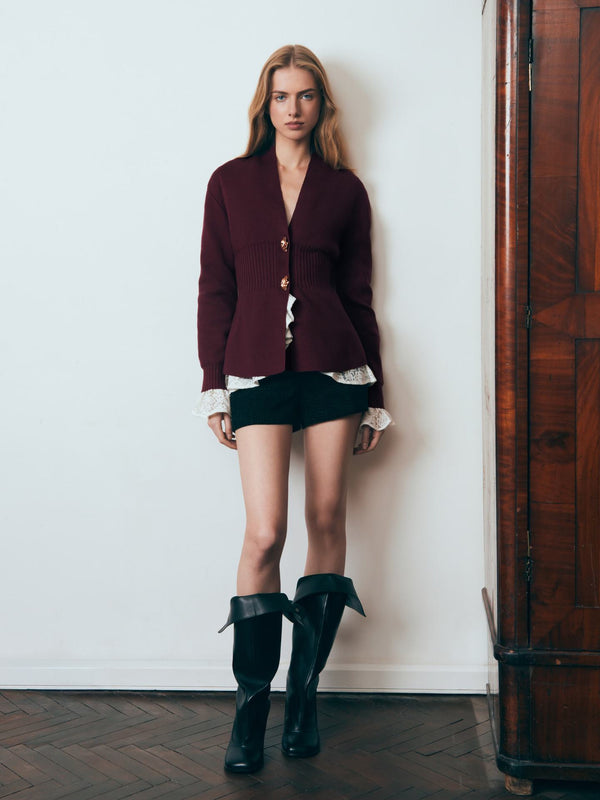 Metal Button Cardigan V-neck Long Sleeve Slit Sweater Women