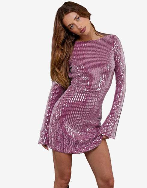 Sequin Backless Long Sleeve Mini Dress