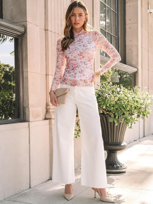 High Collar Long Sleeve Lace Floral Mesh