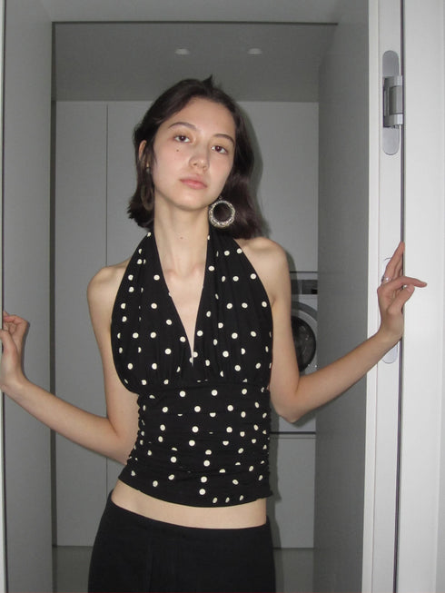 Polka Dot Halter Neck Sleeveless Crop Top