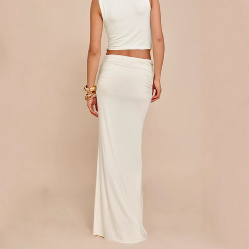 Sleeveless Stacked Neckline Women's Top With Fashionable Pleated Long Skirt Two-piece Set