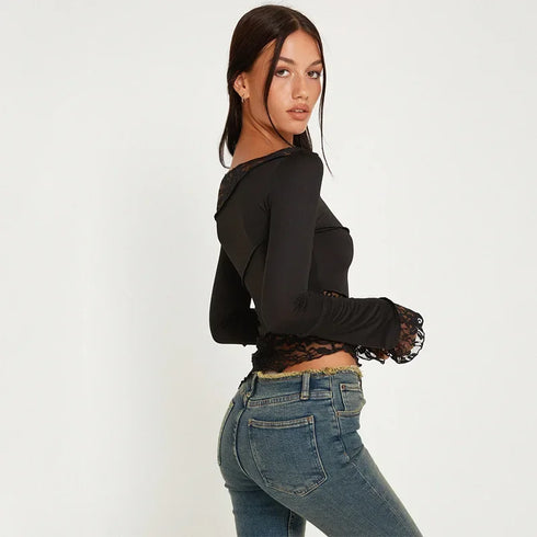 Fashionable and sexy slim lace patchwork long-sleeved T-shirt