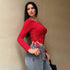 European And American Slanted Collar Sweet And Spicy Style T-shirt Autumn And Winter Crop Top Design, Short Red Top For Women