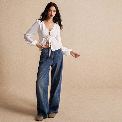 Women's Simple And Elegant Style T-shirt Autumn And Winter Tie Fashion Versatile Long-sleeve Cardigan Top