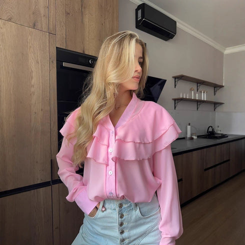 Casual Lotus Leaf V-neck Chiffon Temperament Shirt