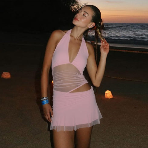 Deep V-Cut Mesh Halter Mini Dress