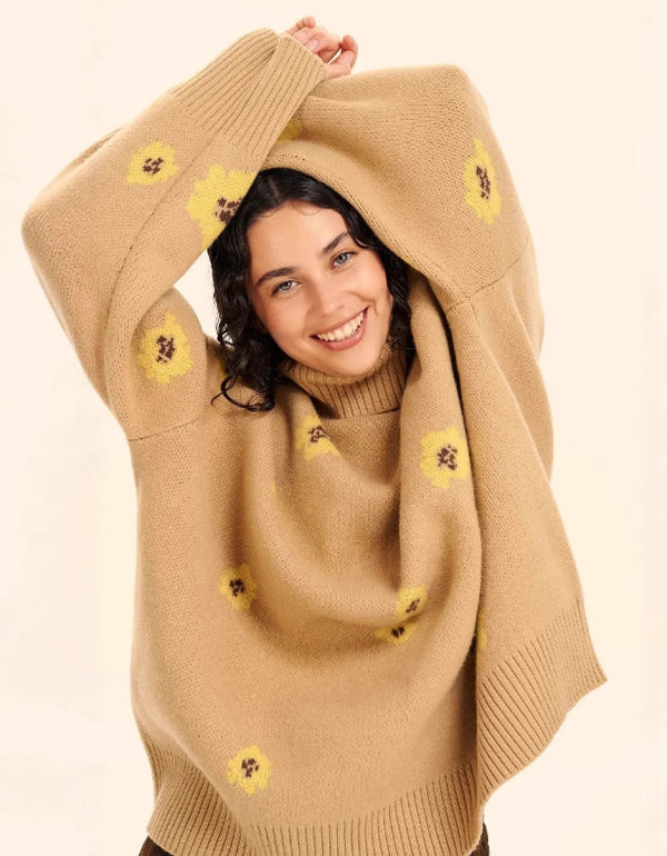 Floral Jacquard Turtleneck Sweater