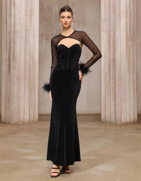 Semi-transparent Mesh Top Velvet Tube Top Dress Two-piece Set